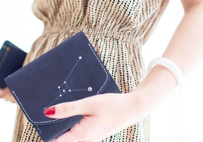 HANDMADE LEATHER CUTE Women Constellation Trifold Blue Small Wallet PERSONALIZED MONOGRAMMED GIFT CUSTOM Wallet