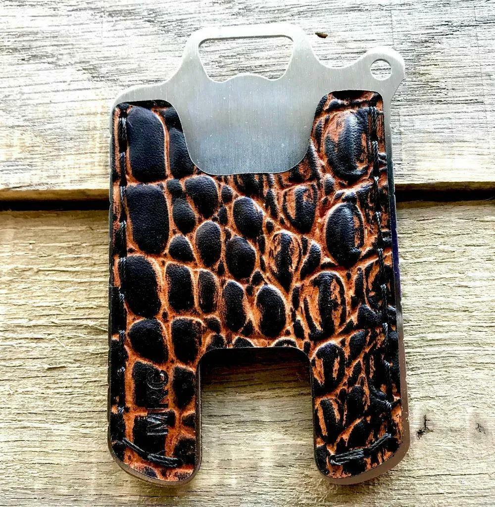 Hawk One Minimalist Men's Women's Ant Brn Gator Leather Stainless Steel Wallet
