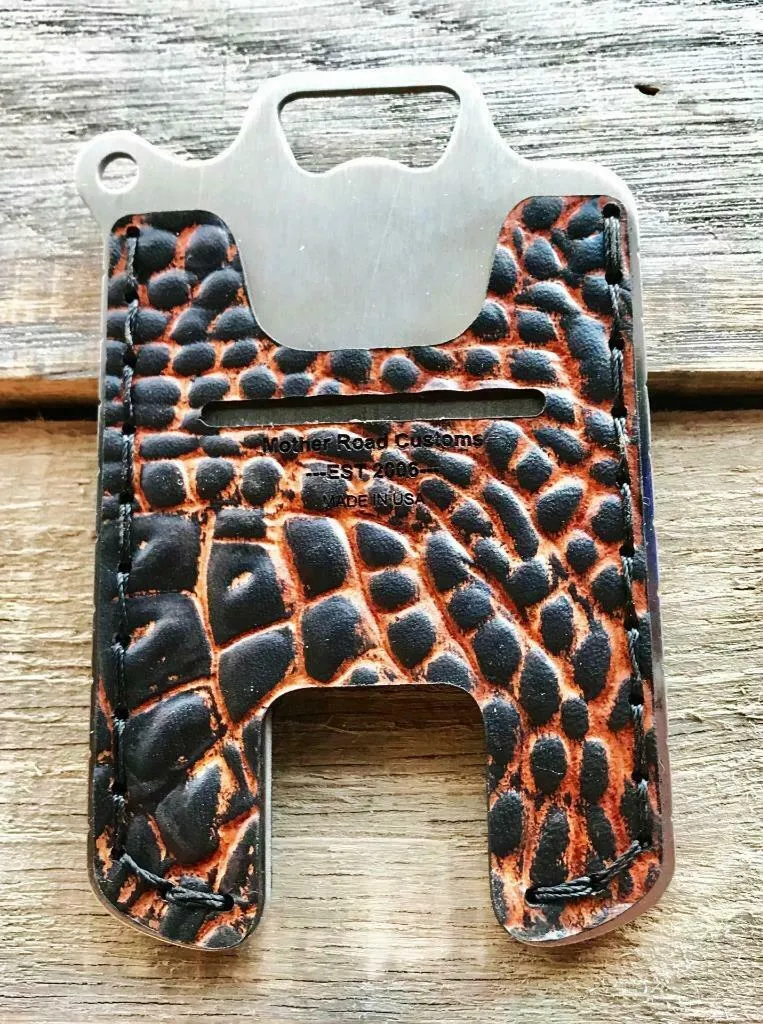 Hawk One Minimalist Men's Women's Ant Brn Gator Leather Stainless Steel Wallet