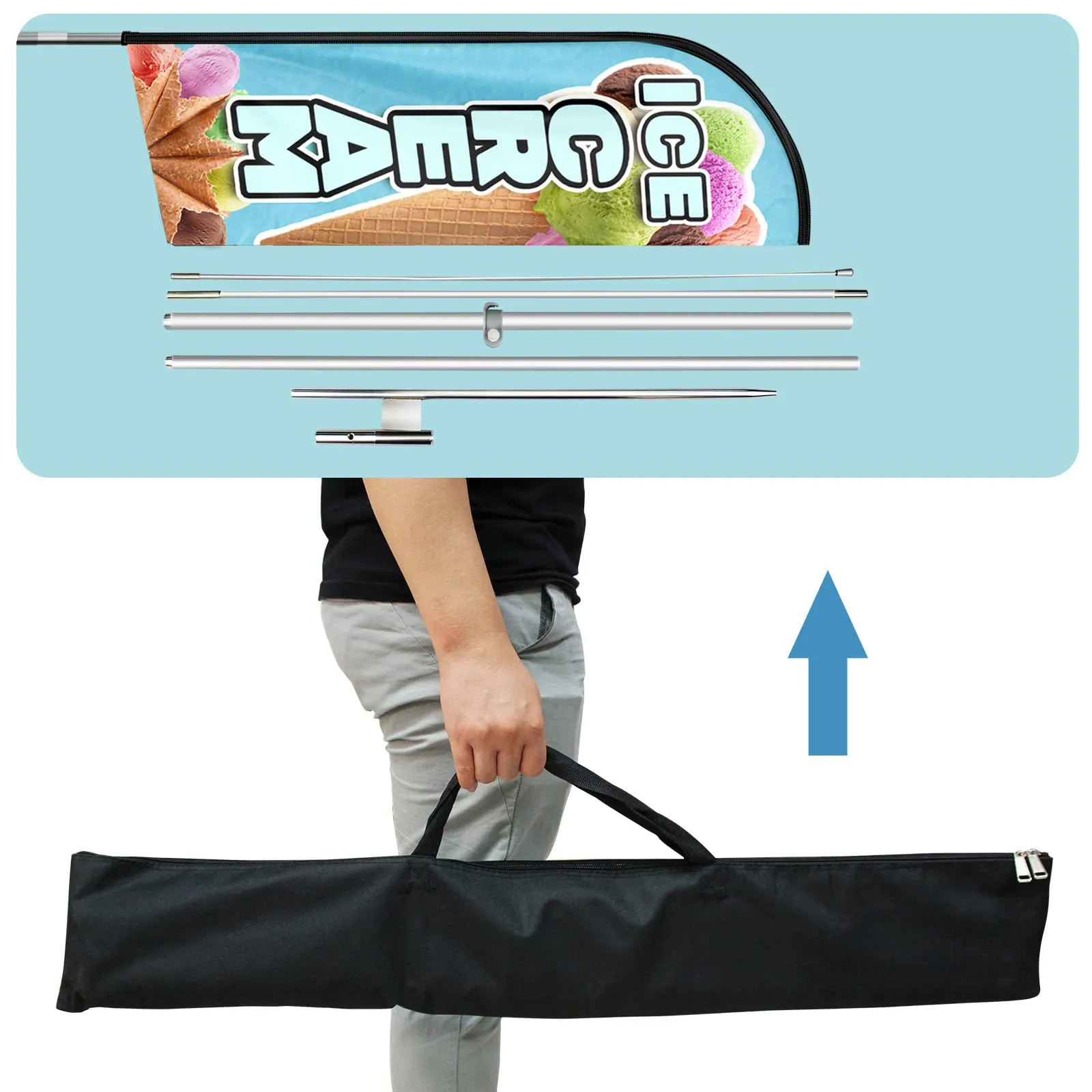 Ice Cream Flag, 11FT Windless Feather Flag QSUM with Aluminum Alloy Flagpole/Stainless Steel Ground Stake/Portable Bag, Ice Cream Signs for Business Advertising