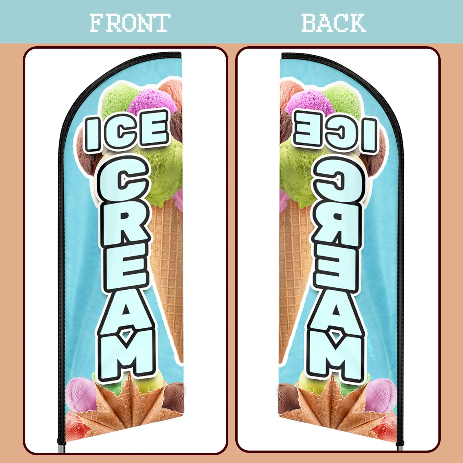 Ice Cream Flag, 11FT Windless Feather Flag QSUM with Aluminum Alloy Flagpole/Stainless Steel Ground Stake/Portable Bag, Ice Cream Signs for Business Advertising