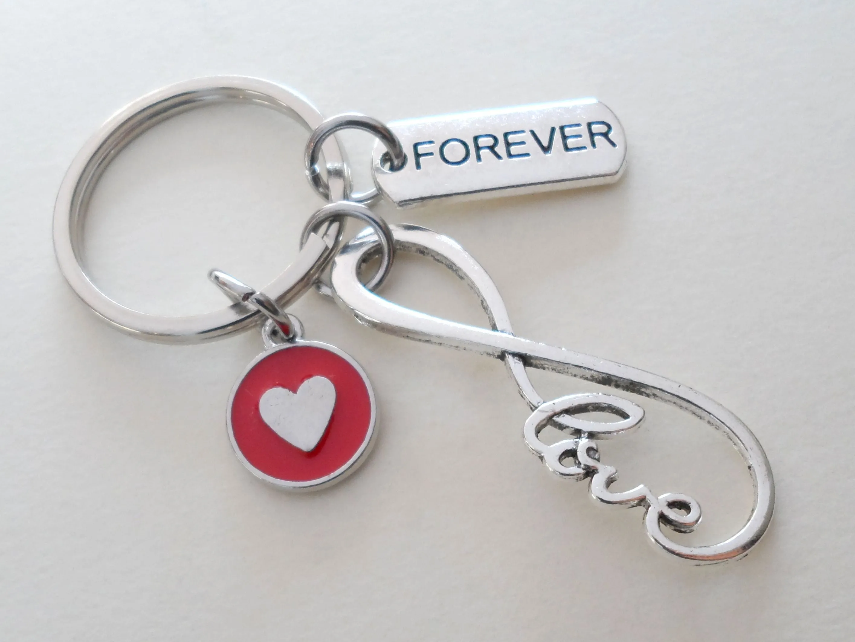 Infinity Love Symbol Keychain with Forever Tag & Red Heart Charm- You & Me For Infinity; Couples Keychain
