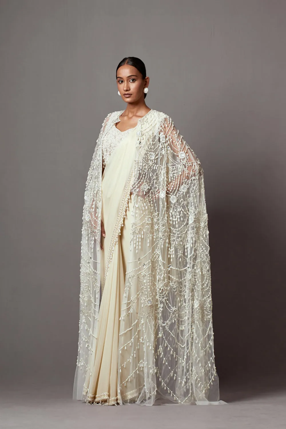 Ivory Feather Cape Sari