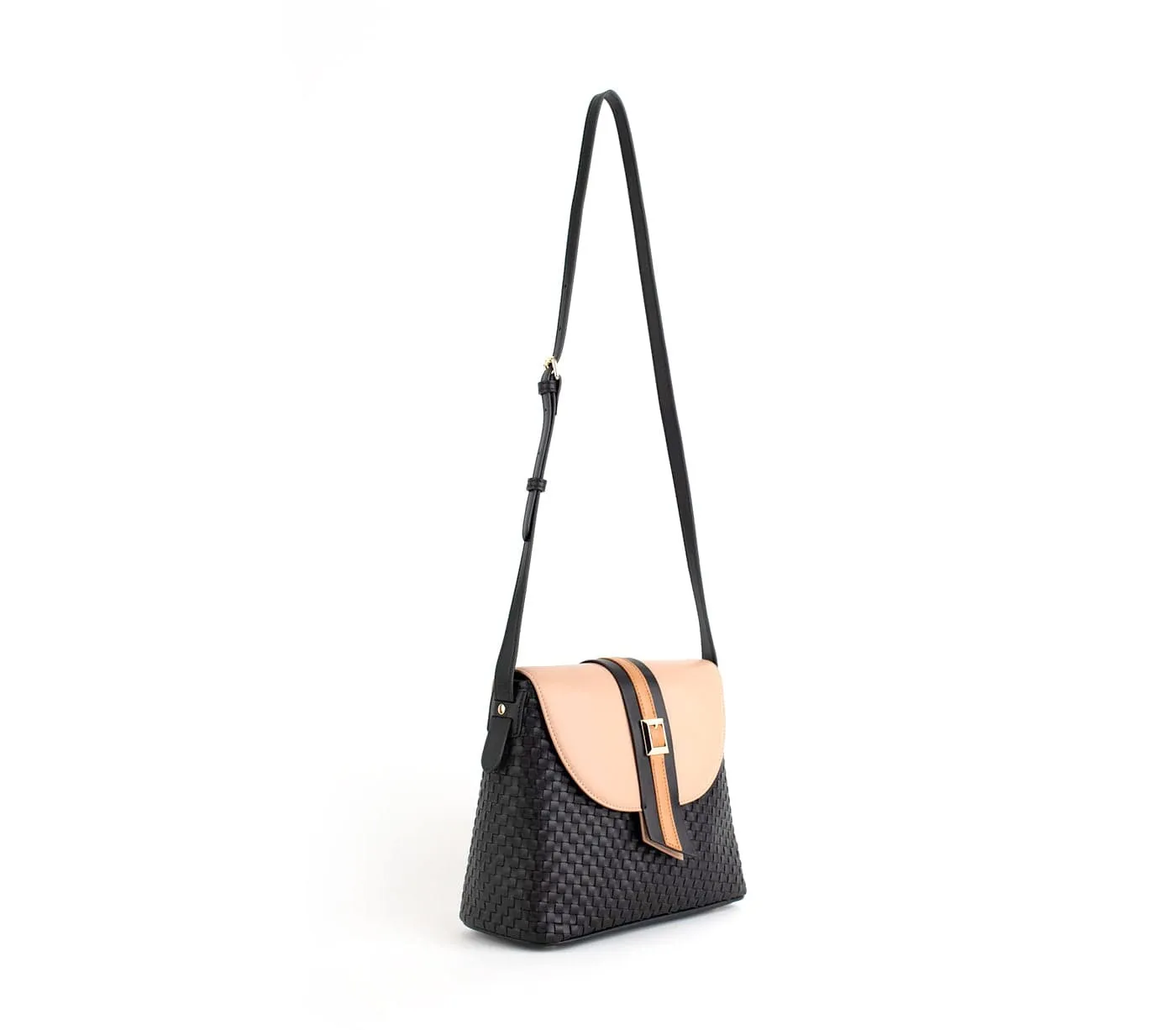 Kate Vegan Leather Basket Weave Crossbody Bag | Black
