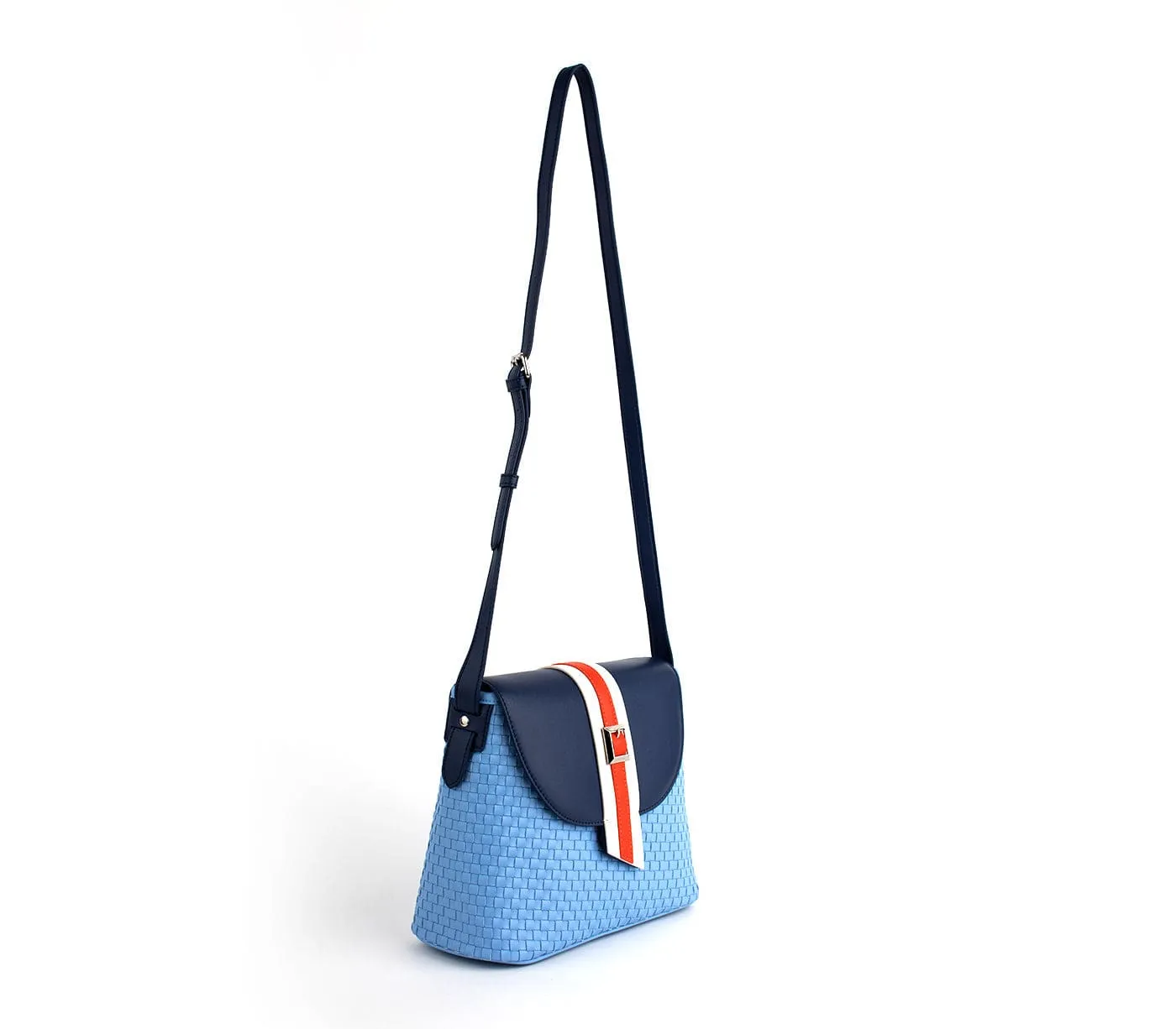 Kate Vegan Leather Basket Weave Crossbody Bag | Blue