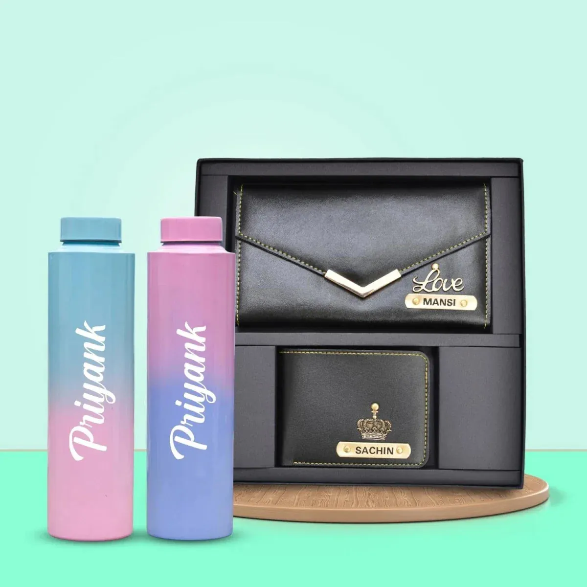 Lady Wallet & Men's Wallet & Personalised Couple Rainbow Classic WaterBottle - Black