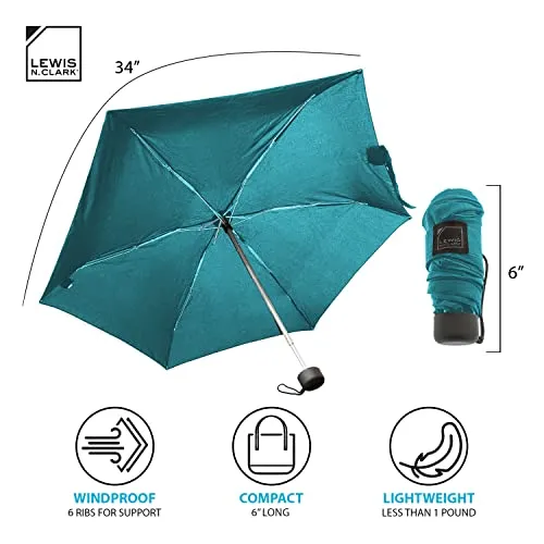 Lewis N. Clark Portable Mini Travel Umbrella, Windproof & Water Repellent Fabric, 1 Year Warranty, Black