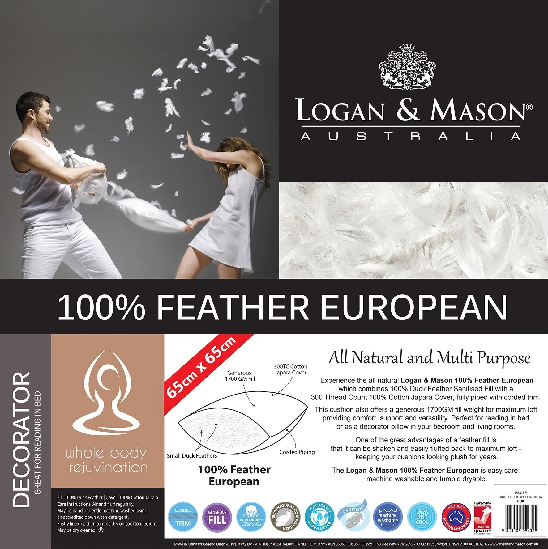 Logan & Mason 100% FEATHER Pillow EUROPEAN SIZE