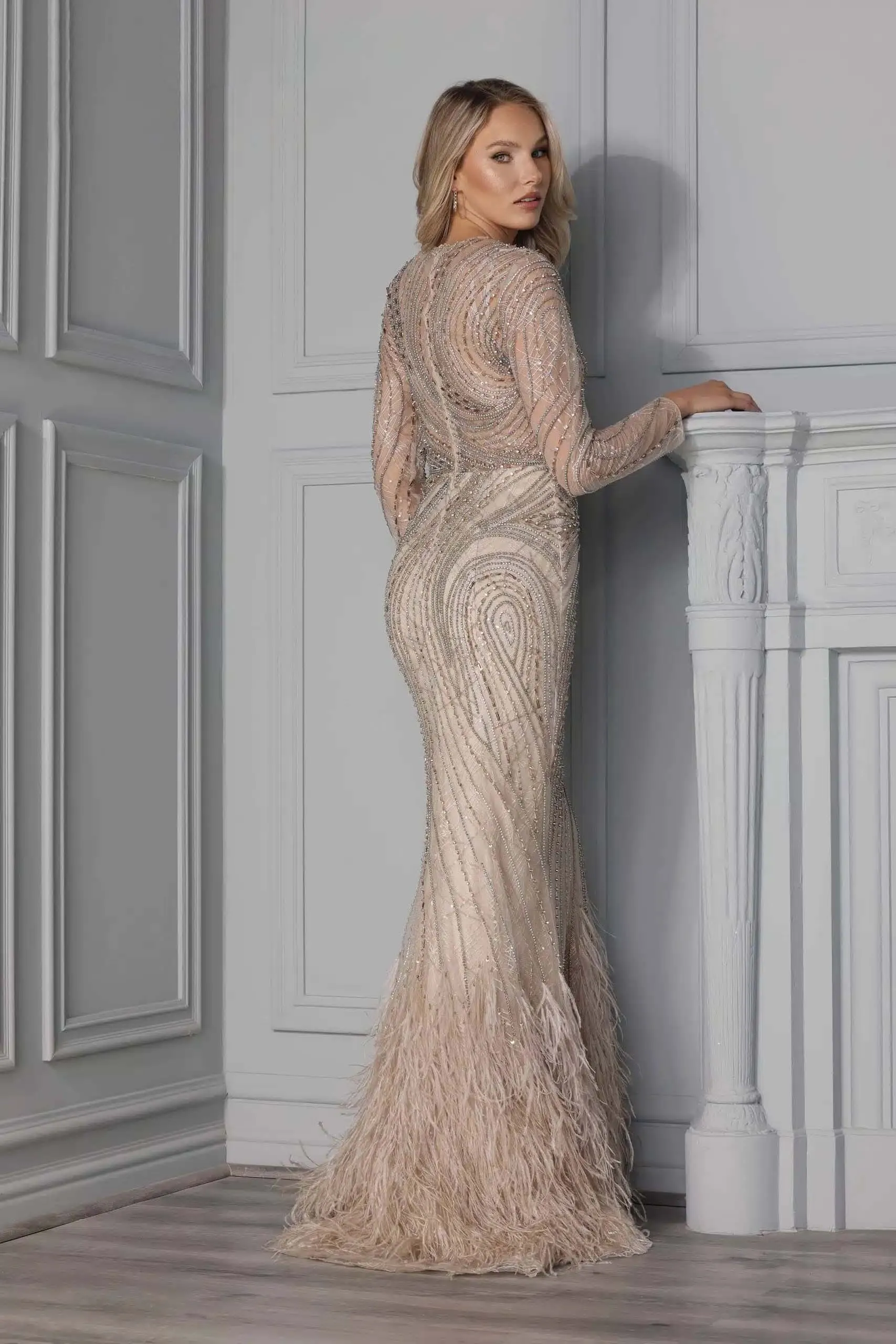 Long Sleeve Taupe Gown with Feather