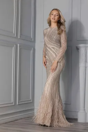 Long Sleeve Taupe Gown with Feather