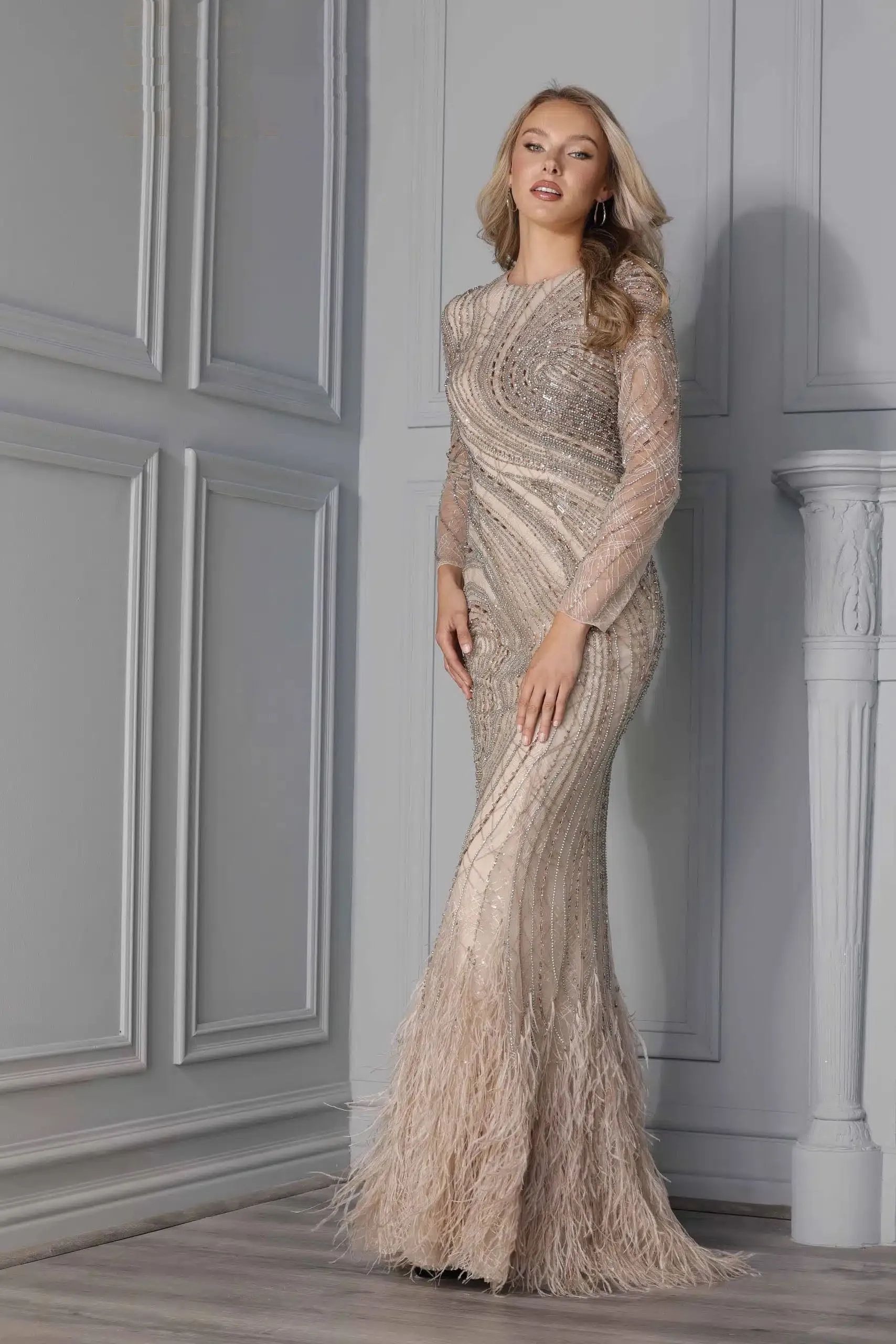 Long Sleeve Taupe Gown with Feather