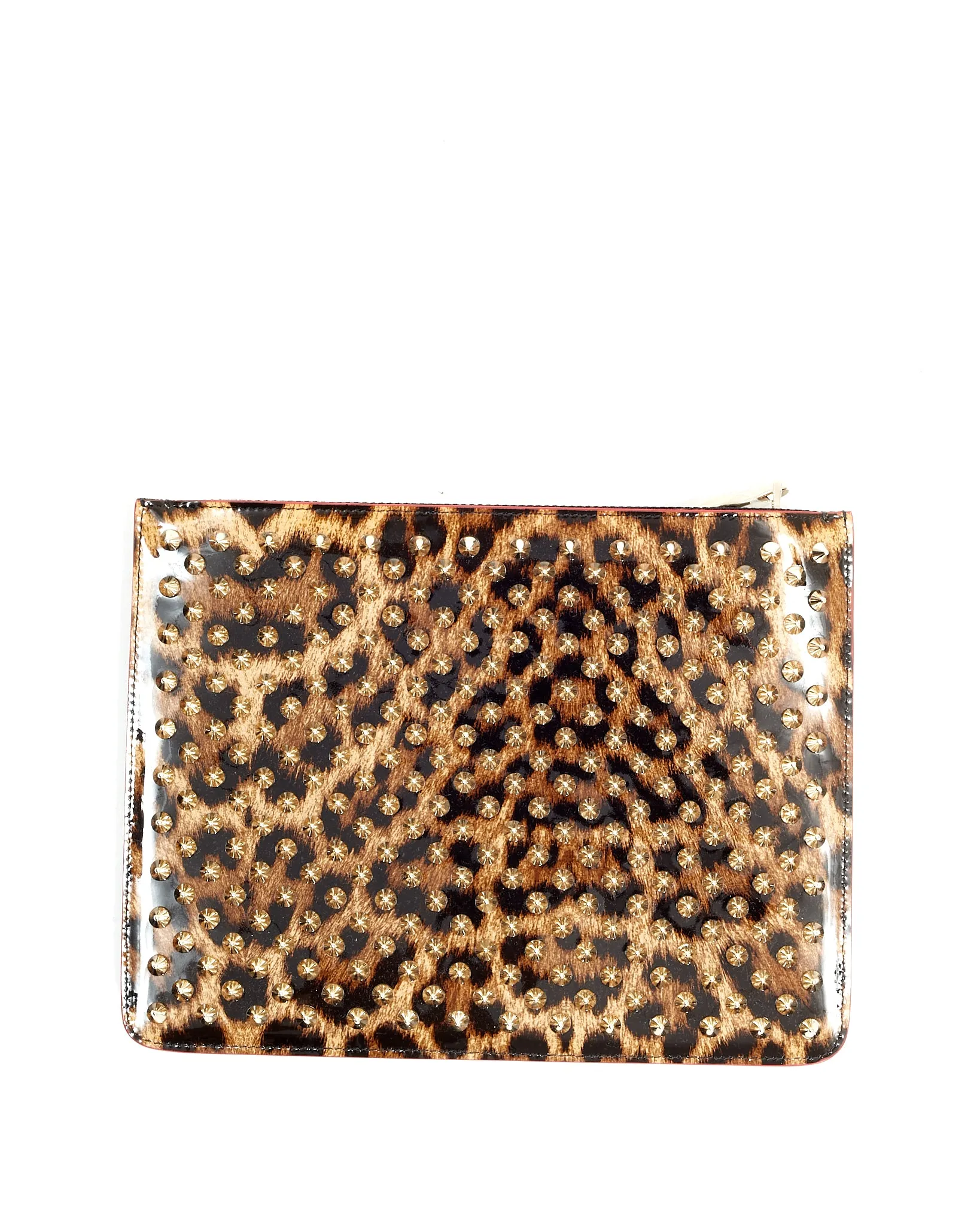Louboutin Patent Leopard Studded Clutch Bag