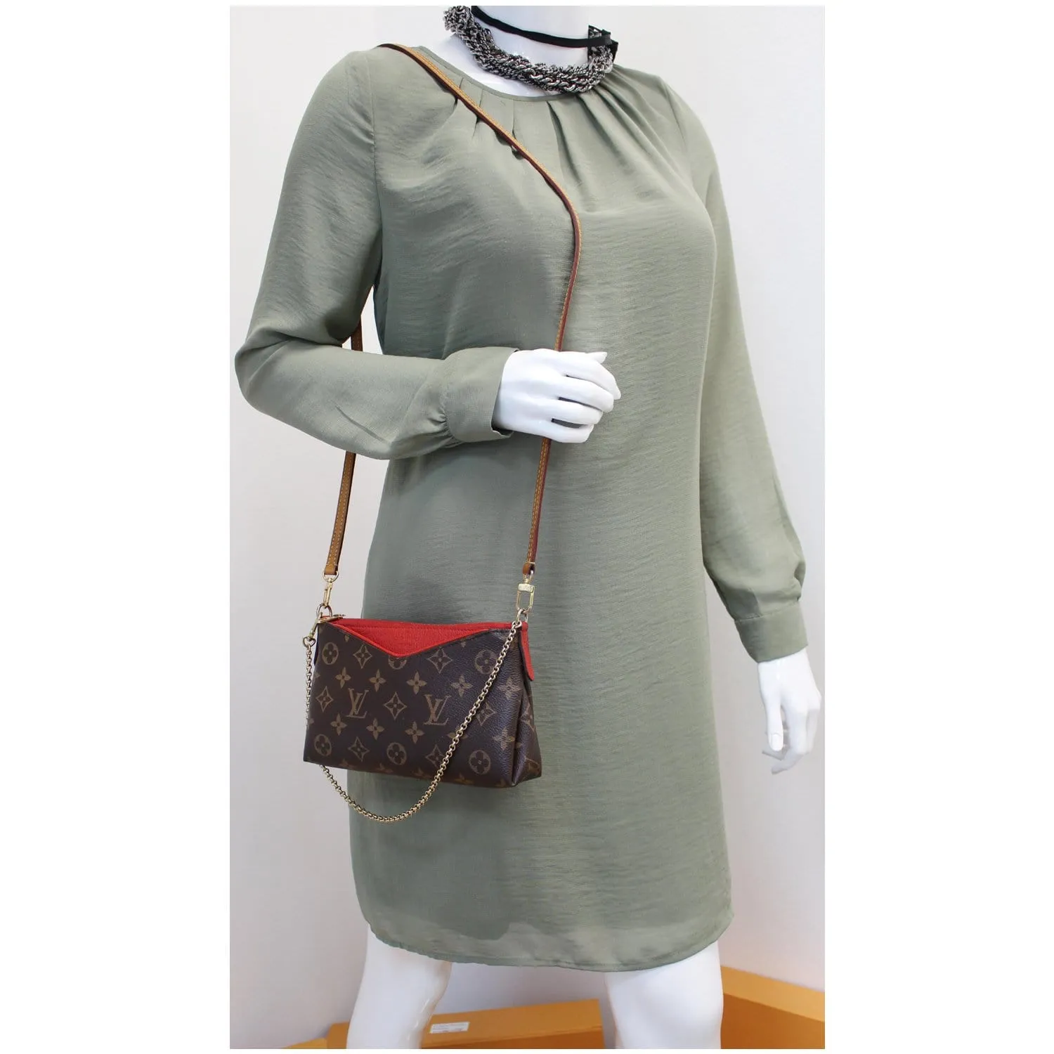 LOUIS VUITTON Pallas Monogram Canvas Clutch Crossbody Bag Brown