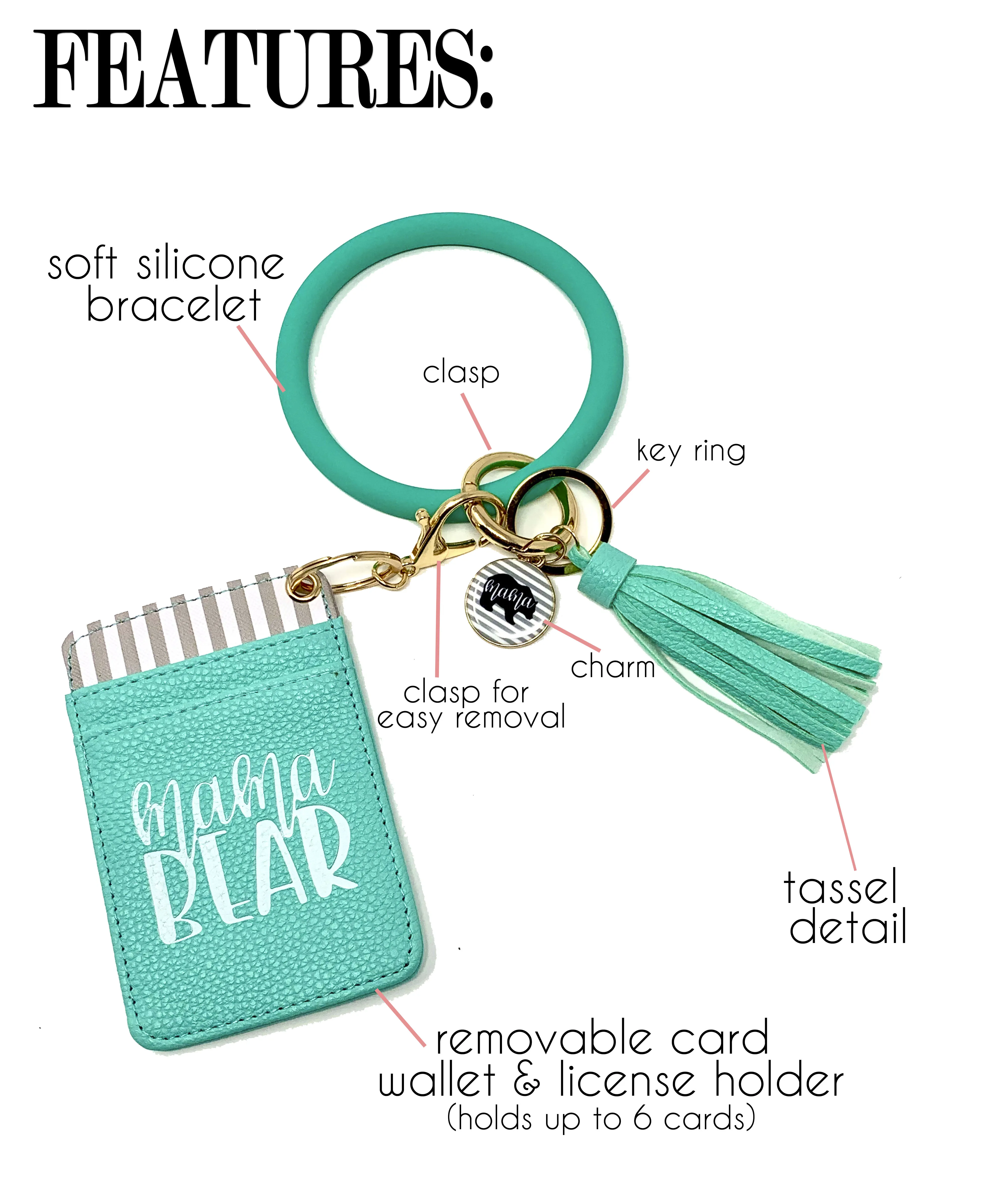 Mama Bear Teal Silicone Bracelet Keychain Wallet for Moms