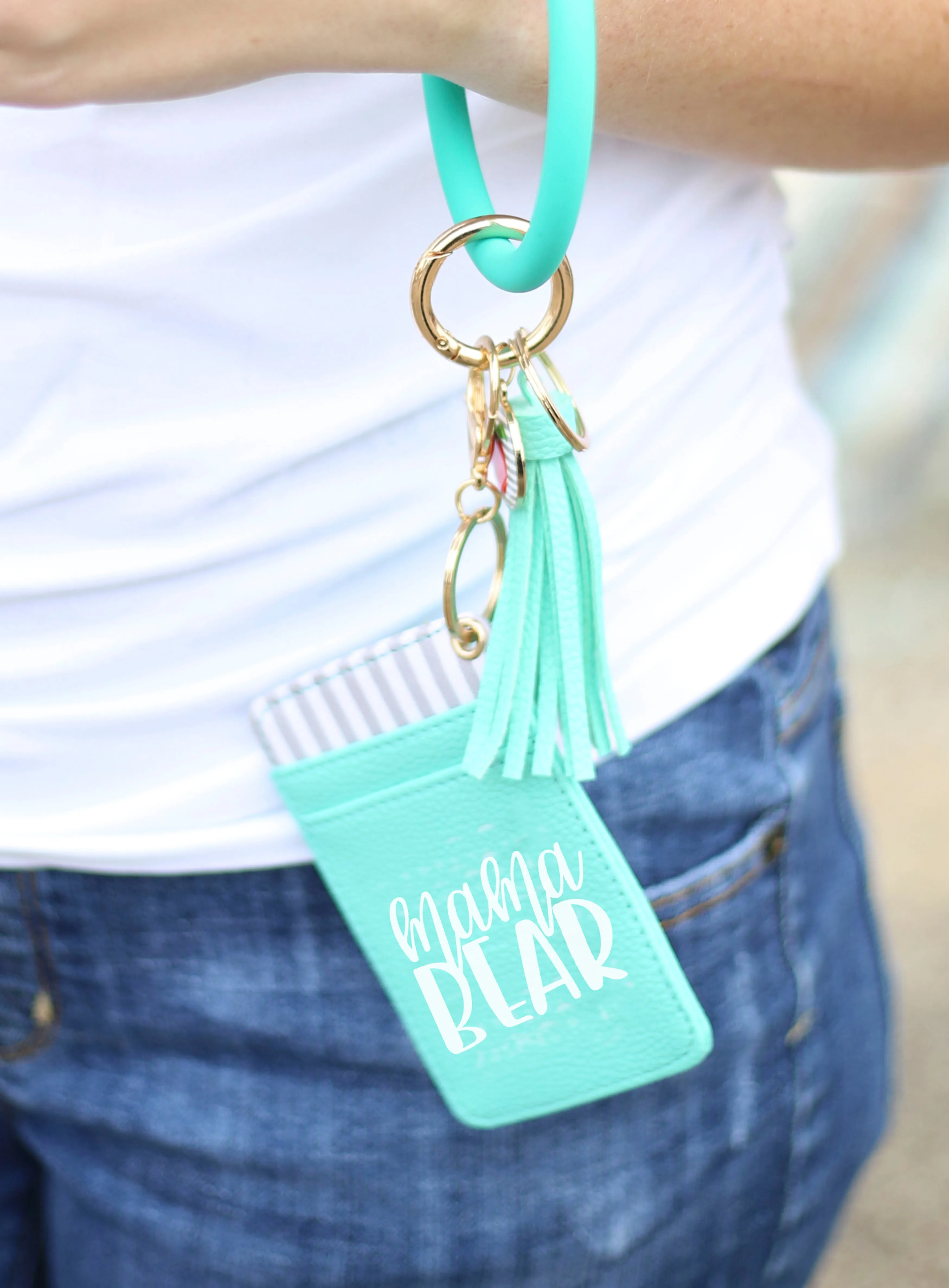 Mama Bear Teal Silicone Bracelet Keychain Wallet for Moms