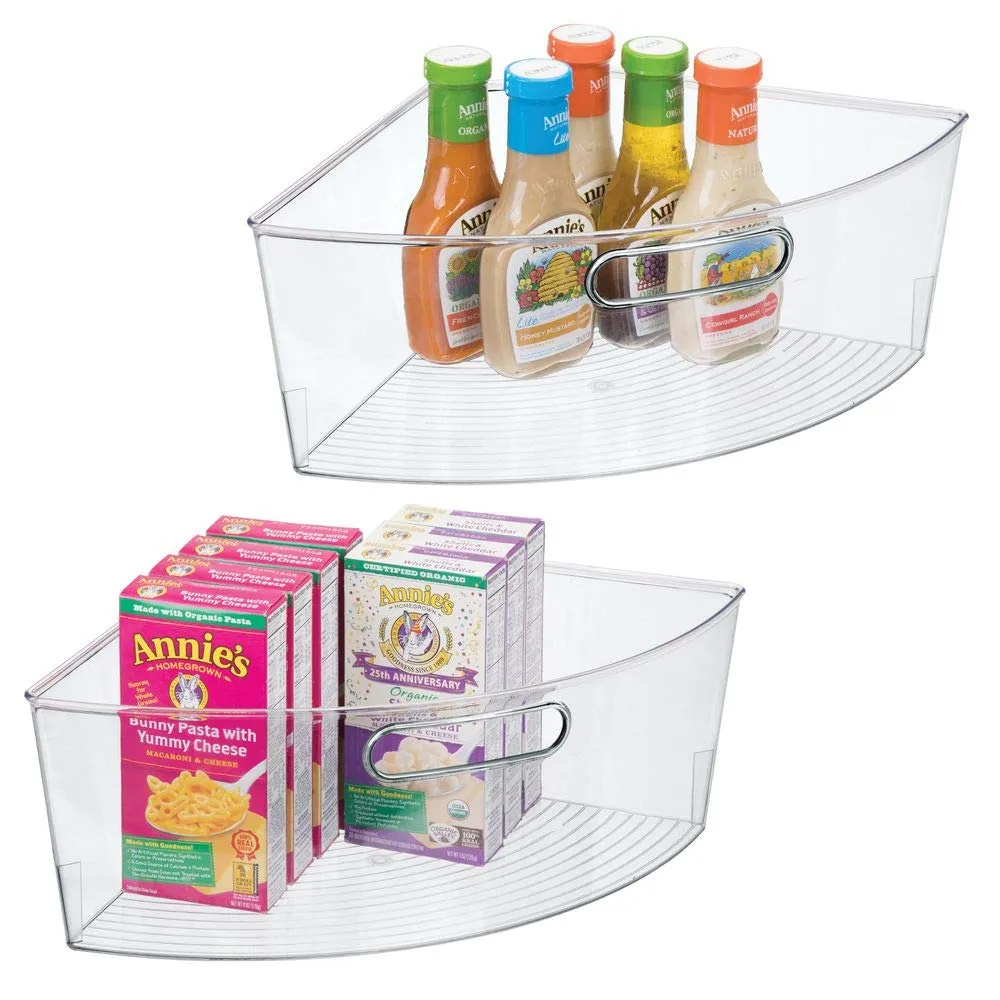 mDesign Kitchen Cabinet Plastic Lazy Susan Storage Organizer Bins with Front Handle - Large Pie-Shaped 1/4 Wedge, 6" Deep Container - Food Safe, BPA Free, 2 Pack - Clear