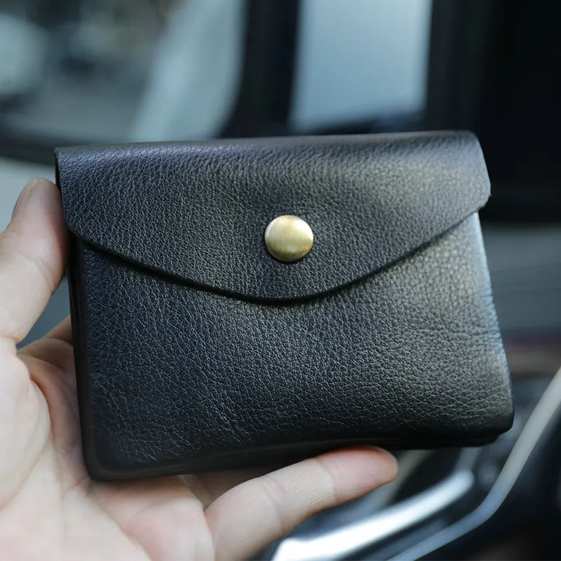 Mini Womens Black Leather Billfold Wallet Small Wallet with Coin Pocket Envelope Wallet for Ladies