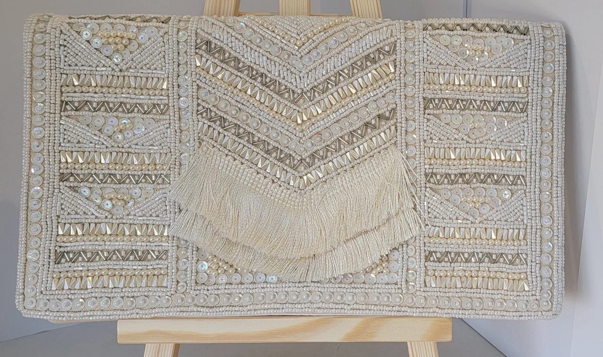 MYUS118 - Cream Color Sequins Clutch Bag with White Beads