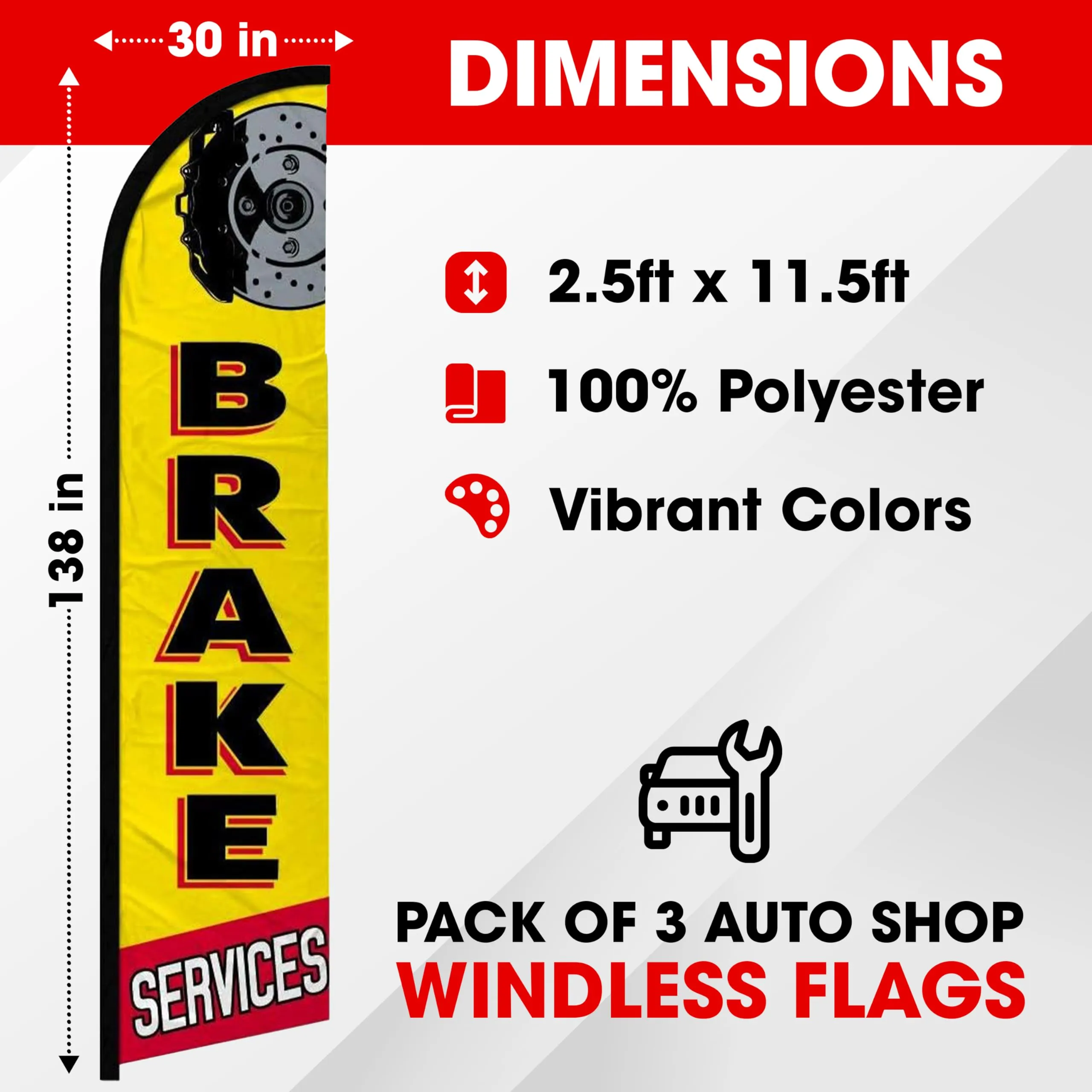 Oil Change Auto Repair Brake Services Windless Flag Pack of 3 (Mount and Poles are Not Included)