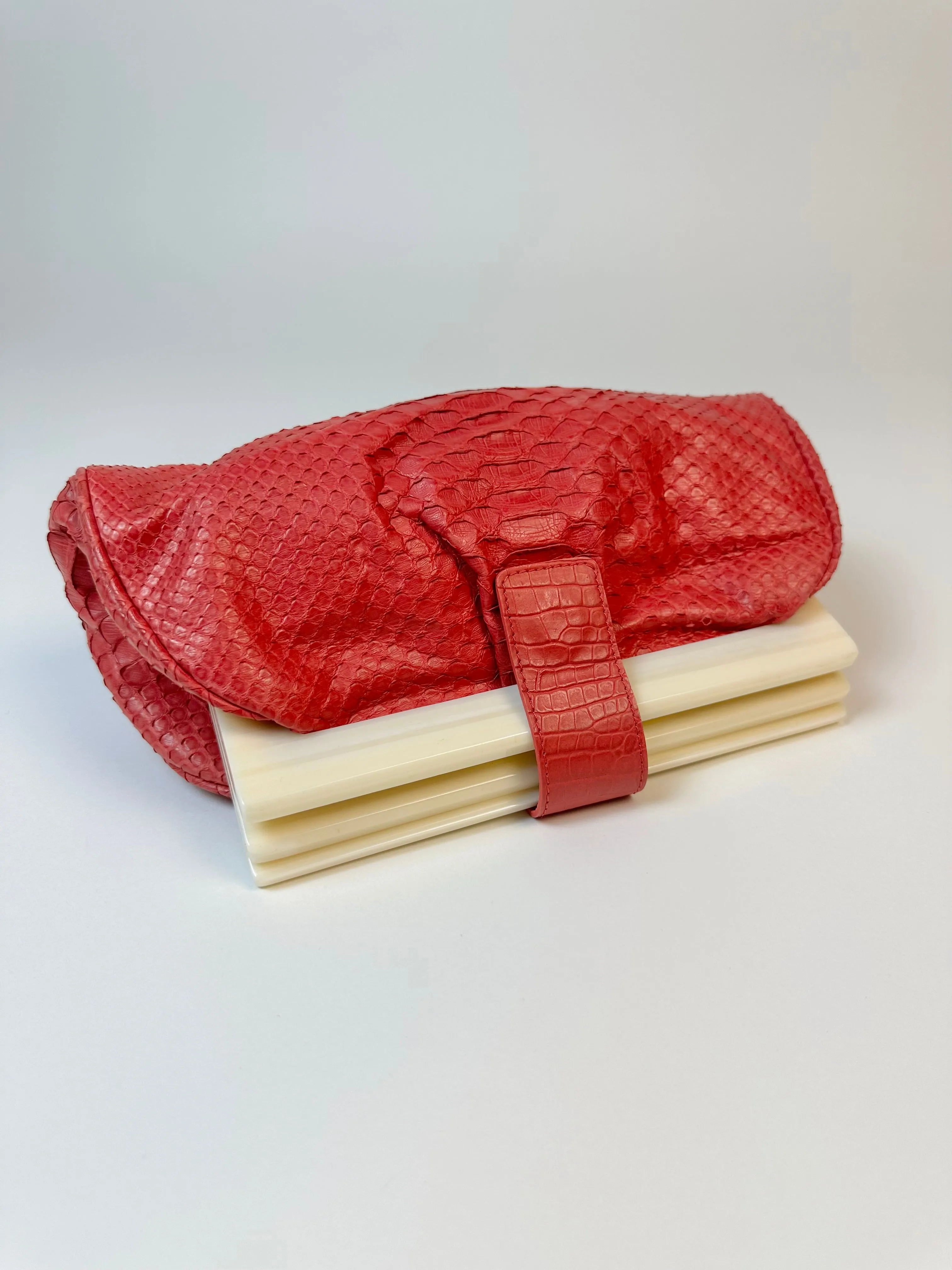 Oscar De La Renta Vintage Strawberry Red Python Skin Clutch