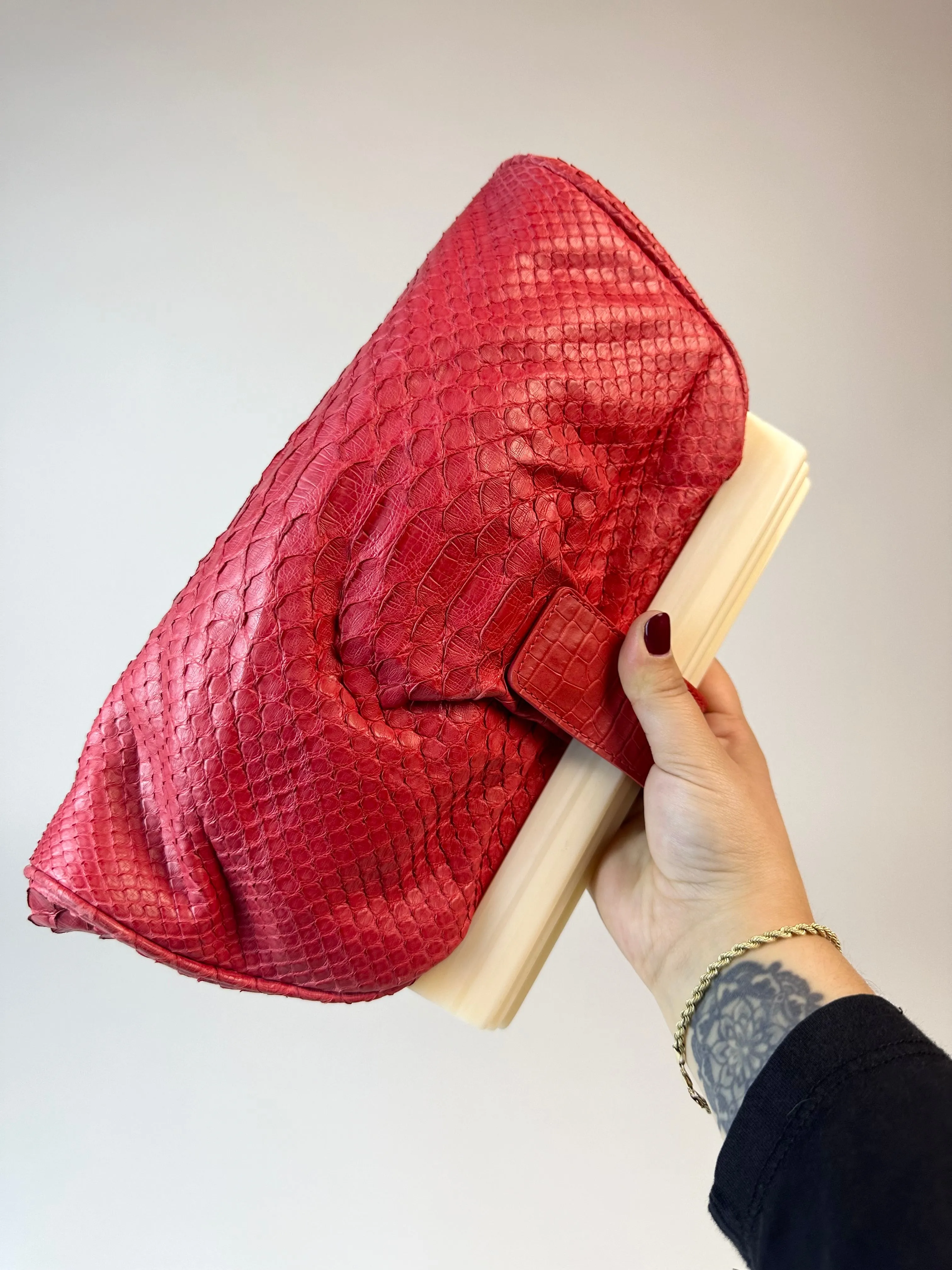 Oscar De La Renta Vintage Strawberry Red Python Skin Clutch