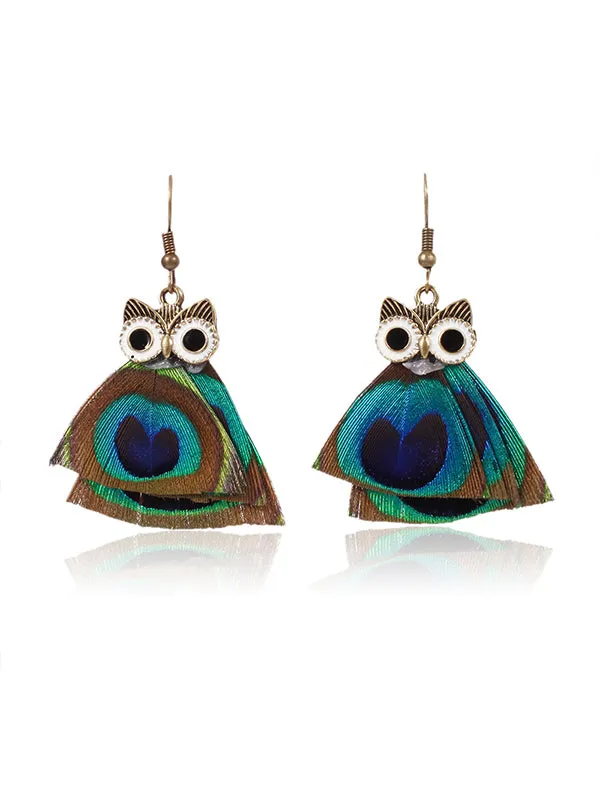 Owl Pattern Irregular Feather Earrings