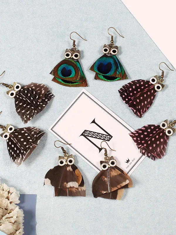 Owl Pattern Irregular Feather Earrings