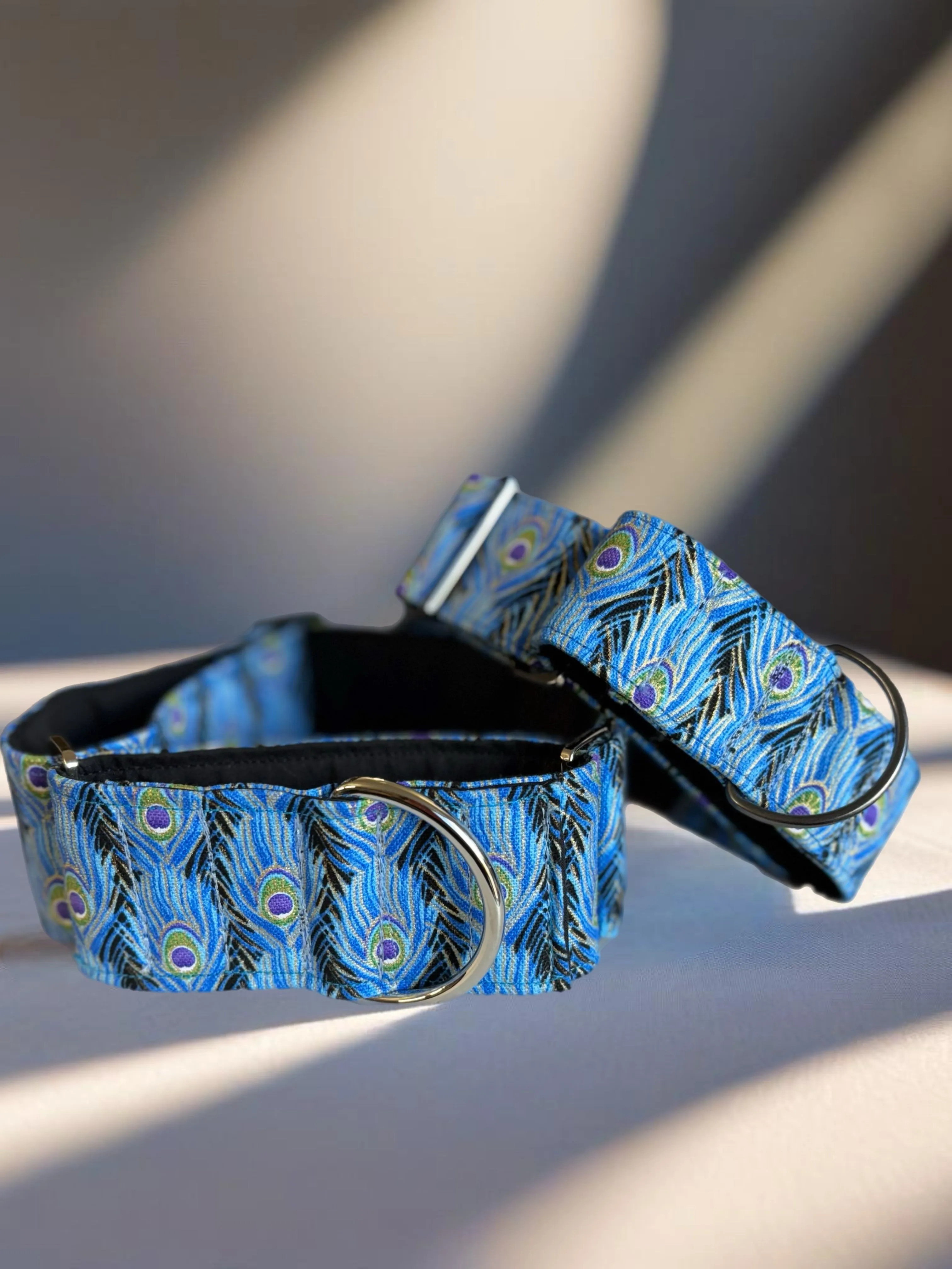 Peacock feathers featuring a shimmer thread cotton covered greyhound Martingale collar 50mm width