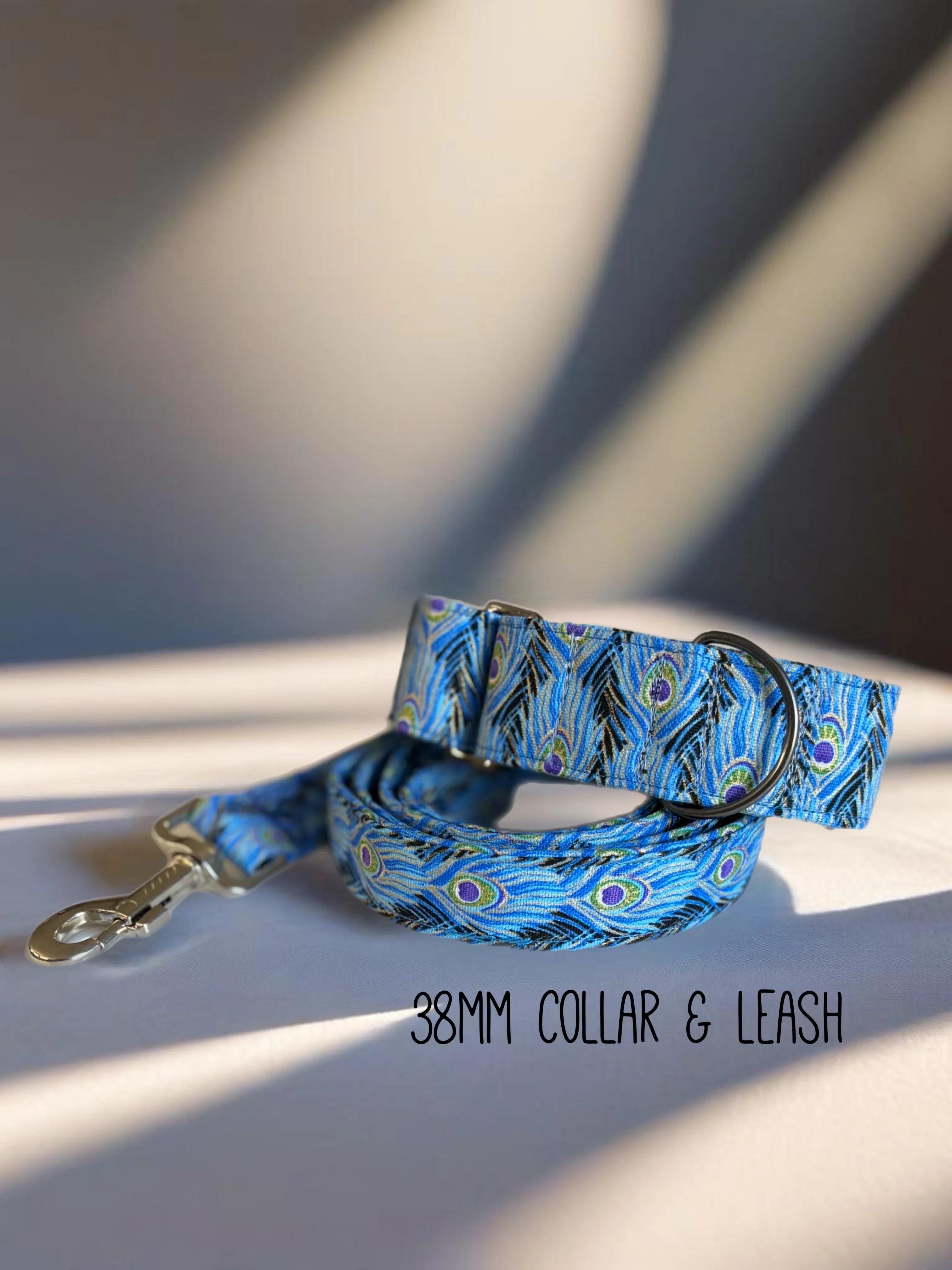 Peacock feathers featuring a shimmer thread cotton covered greyhound Martingale collar 50mm width