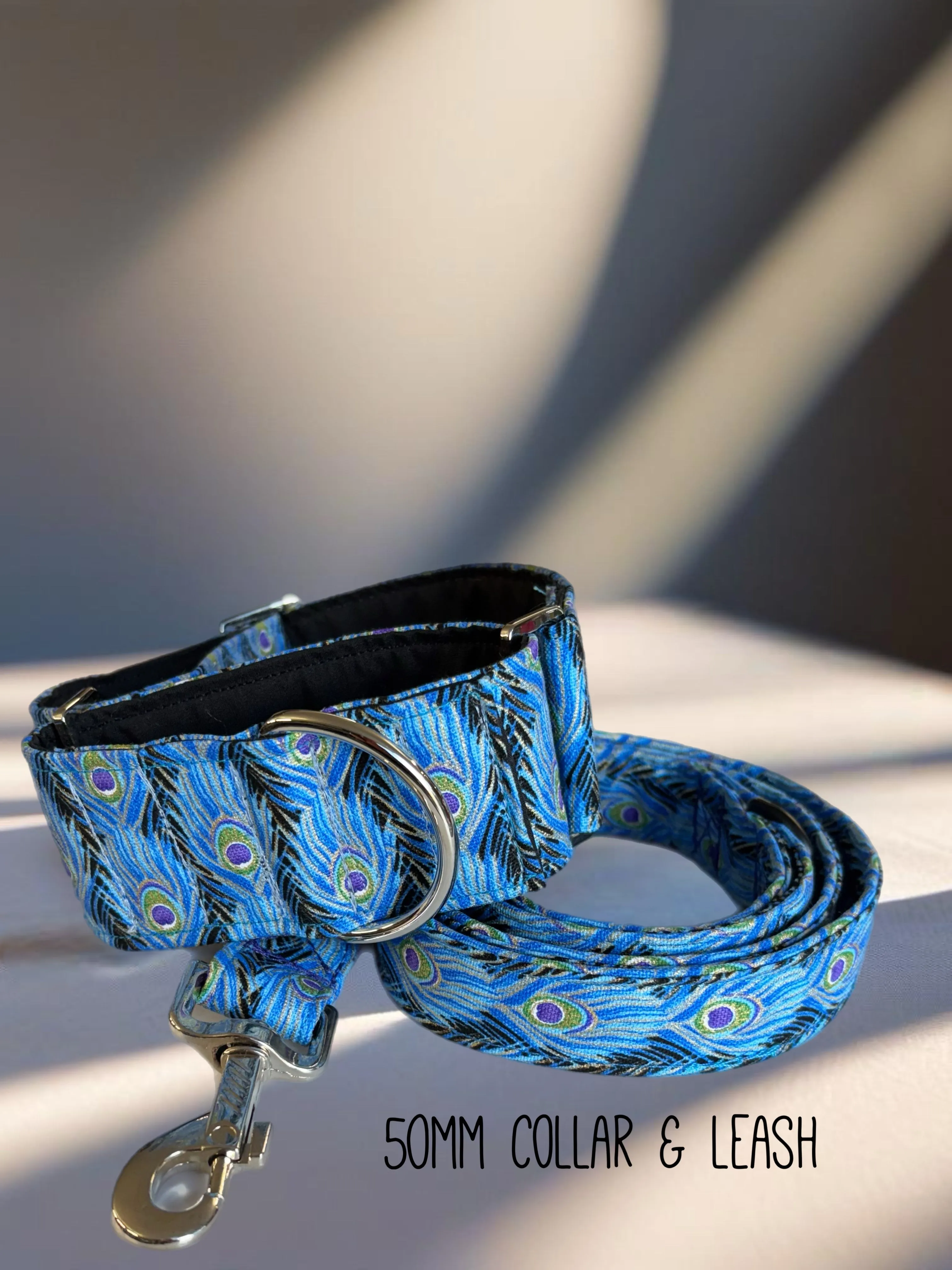 Peacock feathers featuring a shimmer thread cotton covered greyhound Martingale collar 50mm width
