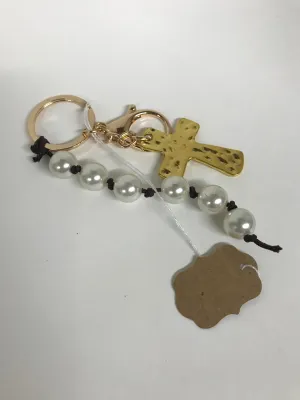 Pearl & Gold Cross Keychains