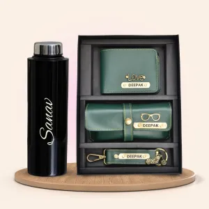 Personalised Black Classic Smart Bottle (1 Litre) & All in One Men's Combo (3 pcs) - Olive Green