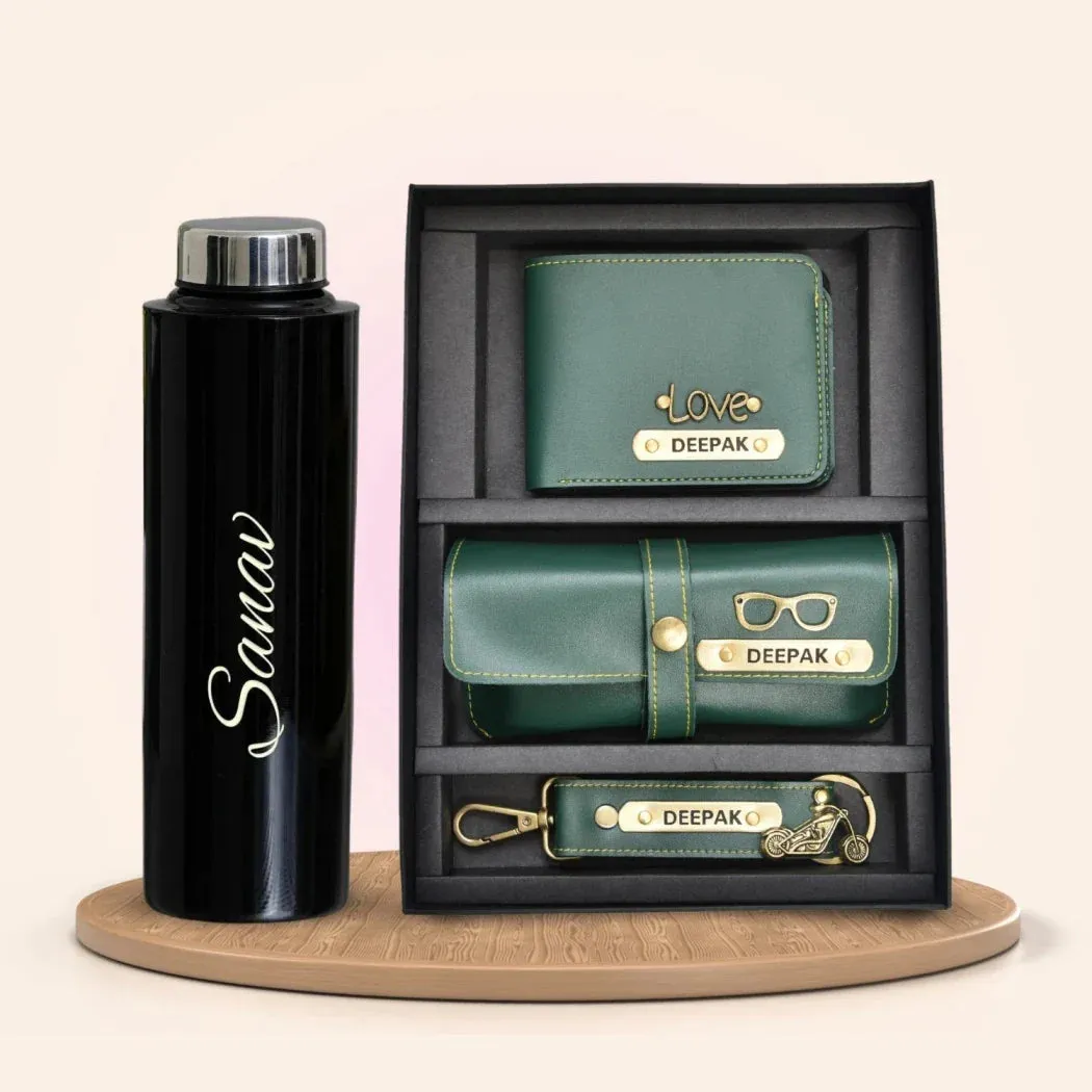 Personalised Black Classic Smart Bottle (1 Litre) & All in One Men's Combo (3 pcs) - Olive Green