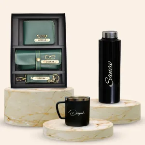 Personalised Black Classic Smart Bottle (1 Litre), Stainless Steel Mug & All in One Men's Combo (3 pcs) - Olive Green