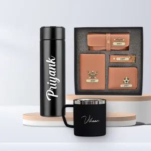 Personalised Bottle, Stainless Steel Mug  & All in One Men's Combo (4 pcs) - Tan