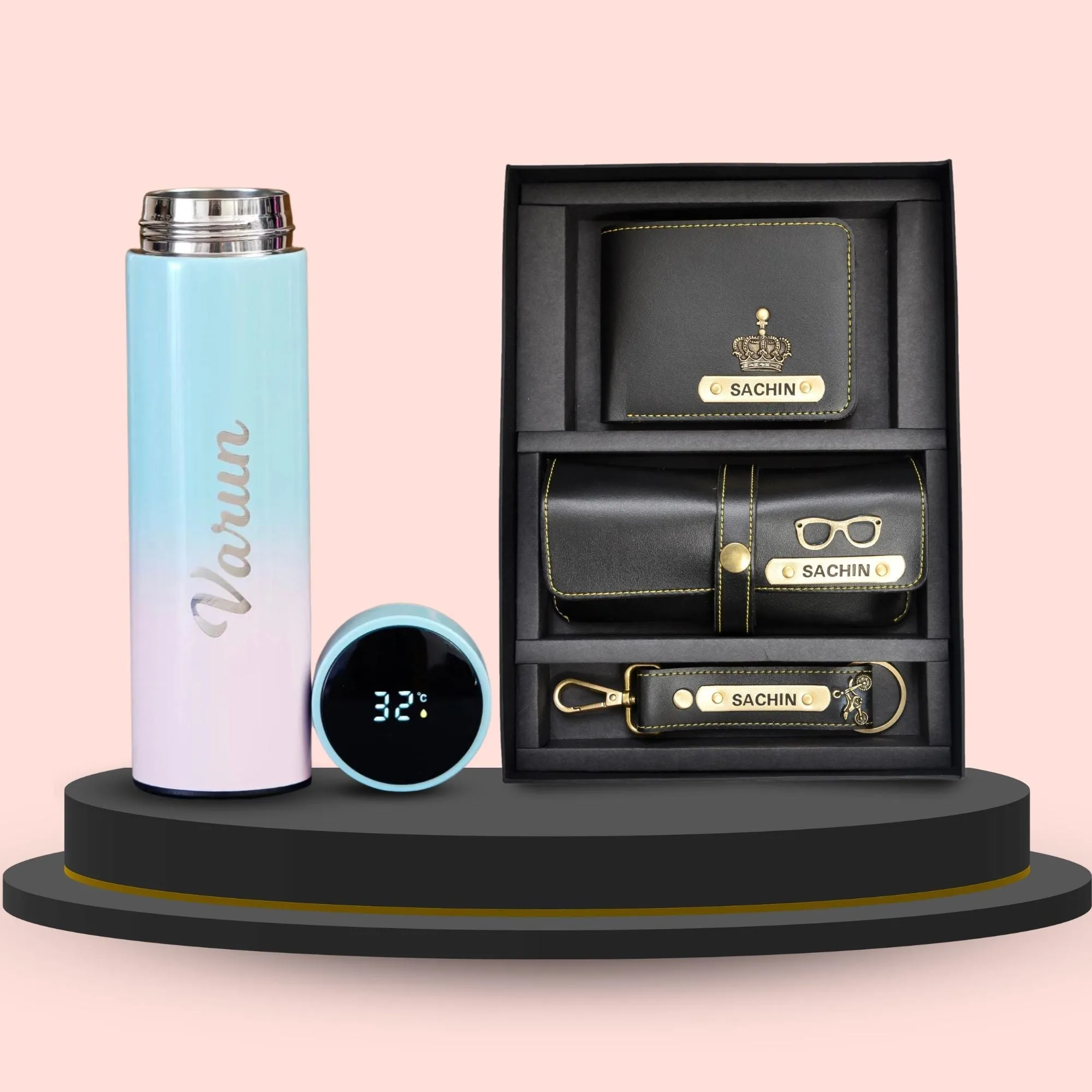 Personalised Pastel Temperature Display Bottle & All in One Men's Combo (3 pcs) - Black
