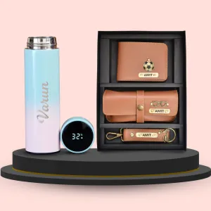 Personalised Pastel Temperature Display Bottle & All in One Men's Combo (3 pcs) - Tan