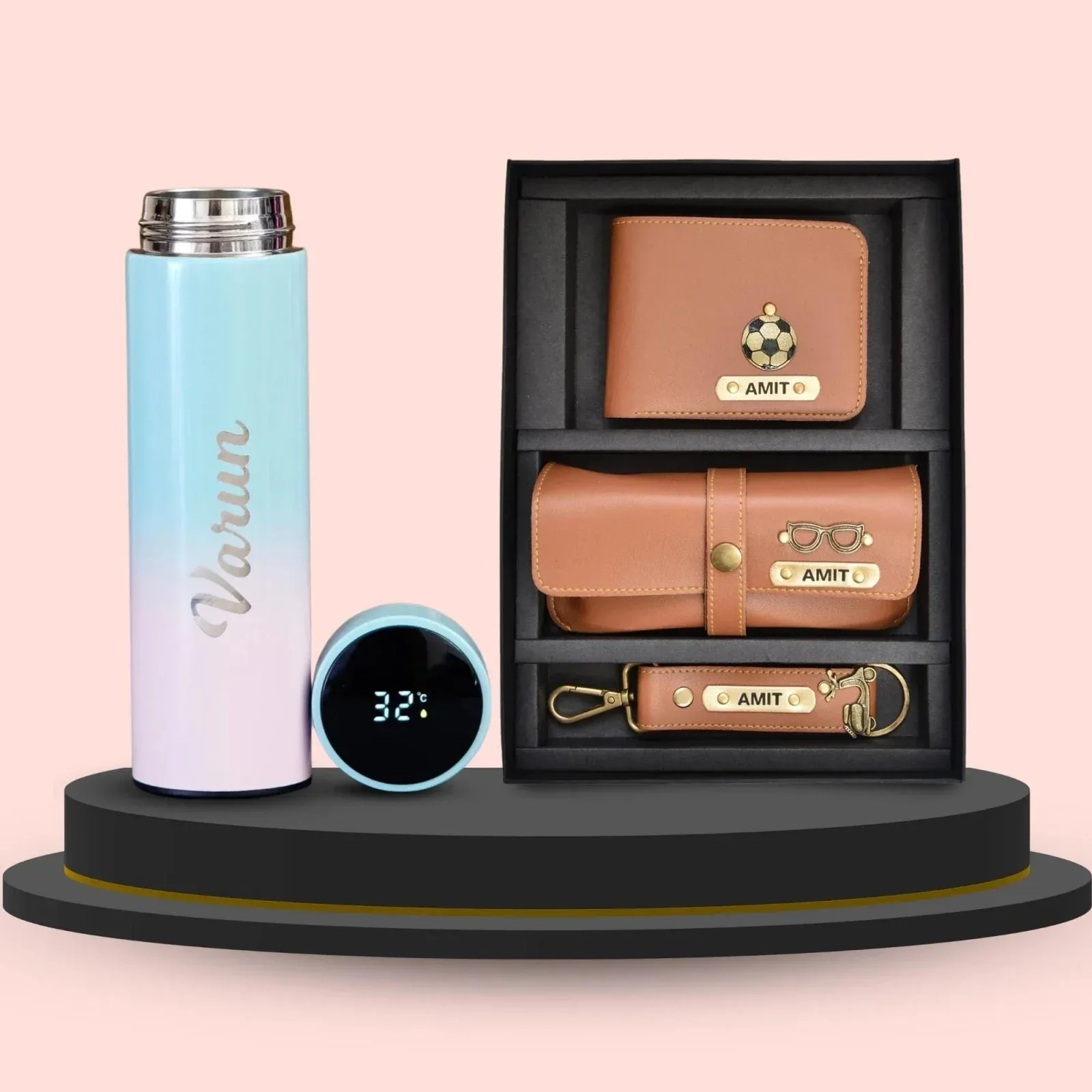 Personalised Pastel Temperature Display Bottle & All in One Men's Combo (3 pcs) - Tan