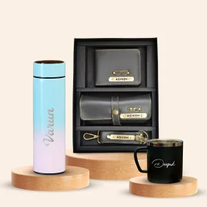 Personalised Pastel Temperature Display Bottle, Stainless Steel Mug & All in One Men's Combo (3 pcs) - Grey