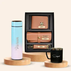 Personalised Pastel Temperature Display Bottle, Stainless Steel Mug & All in One Men's Combo (3 pcs) - Tan