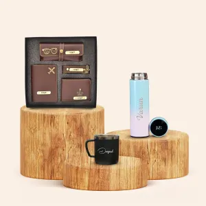 Personalised Pastel Temperature Display Bottle, Stainless Steel Mug & All in One Men's Combo (4 pcs) - Brown