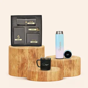Personalised Pastel Temperature Display Bottle, Stainless Steel Mug & All in One Men's Combo (4 pcs) - Grey