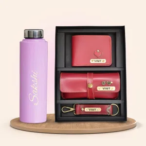 Personalised Pink Classic Smart Bottle (1 Litre) & All in One Men's Combo (3 pcs) - Wine
