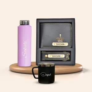 Personalised Pink Classic Smart Bottle (1 Litre), Stainless Steel Mug & All in One Men's Combo (2 pcs) - Black