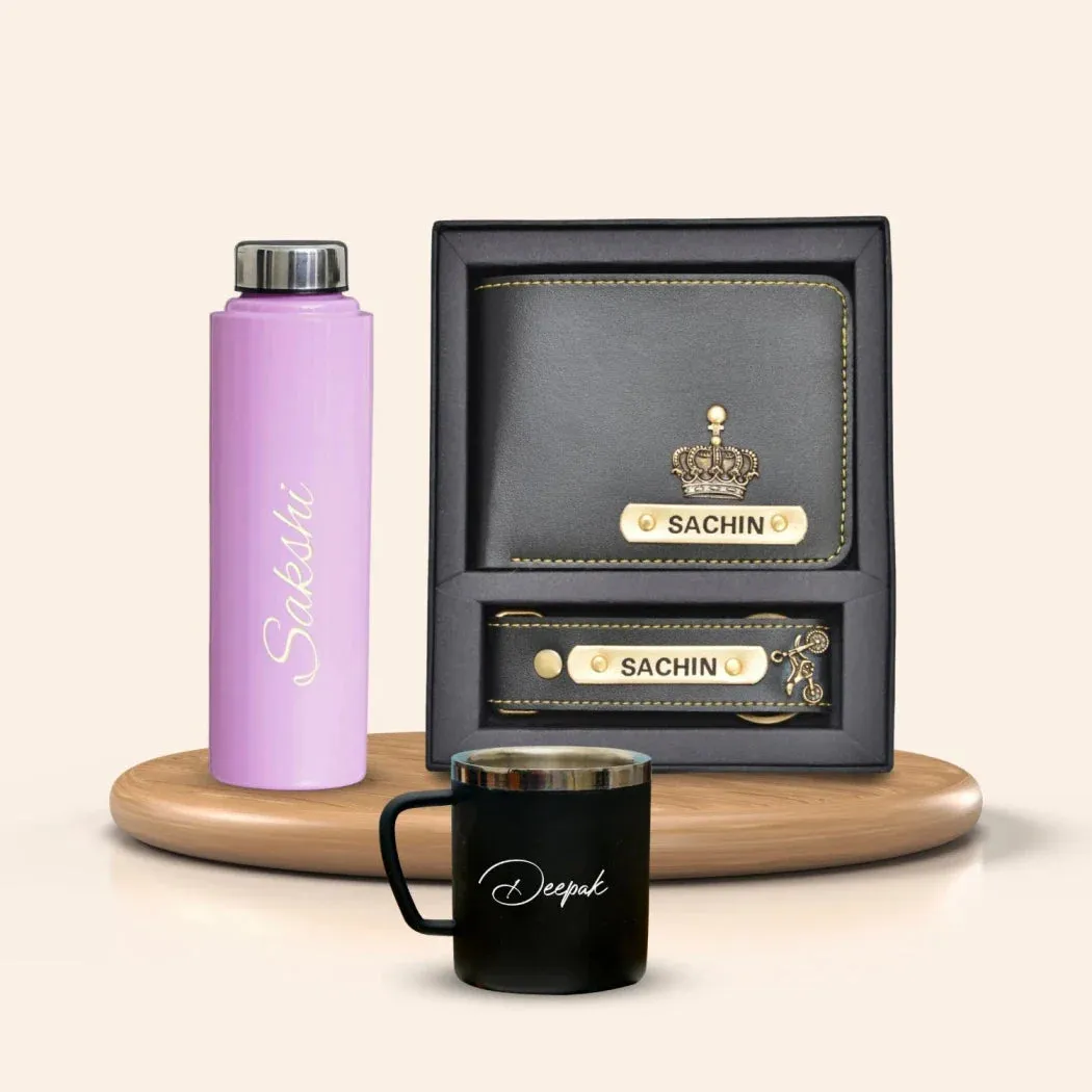 Personalised Pink Classic Smart Bottle (1 Litre), Stainless Steel Mug & All in One Men's Combo (2 pcs) - Black