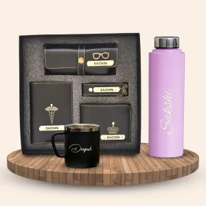 Personalised Pink Classic Smart Bottle (1 Litre), Stainless Steel Mug & All in One Men's Combo (4 pcs) - Black