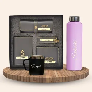 Personalised Pink Classic Smart Bottle (1 Litre), Stainless Steel Mug & All in One Men's Combo (4 pcs) - Grey