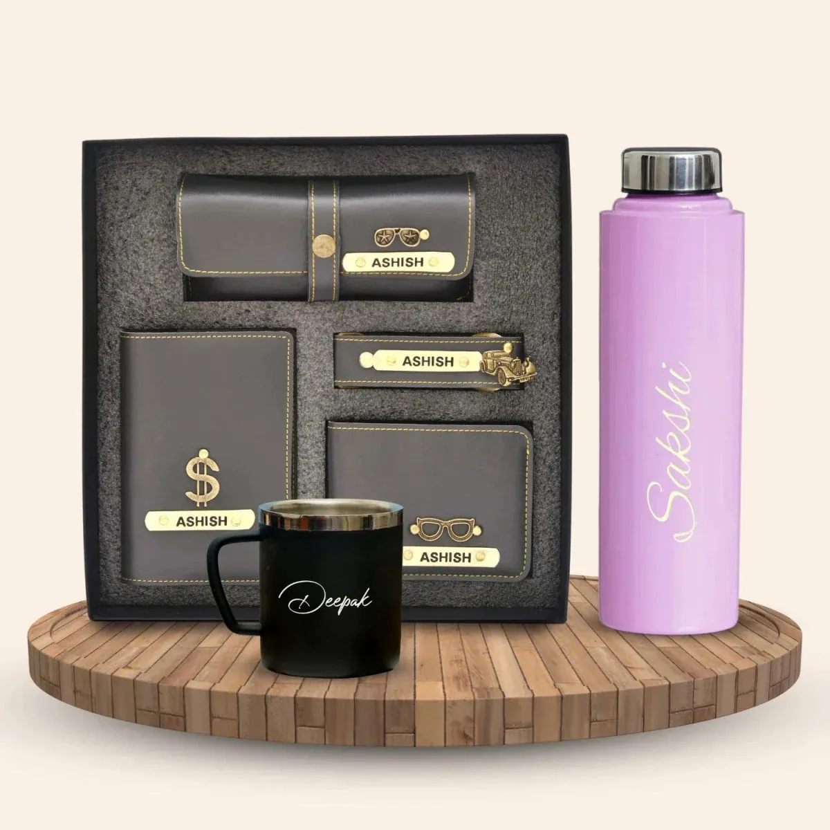 Personalised Pink Classic Smart Bottle (1 Litre), Stainless Steel Mug & All in One Men's Combo (4 pcs) - Grey