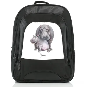Personalised Rucksack with Welcoming Text and Embracing Mum and Baby Hippos