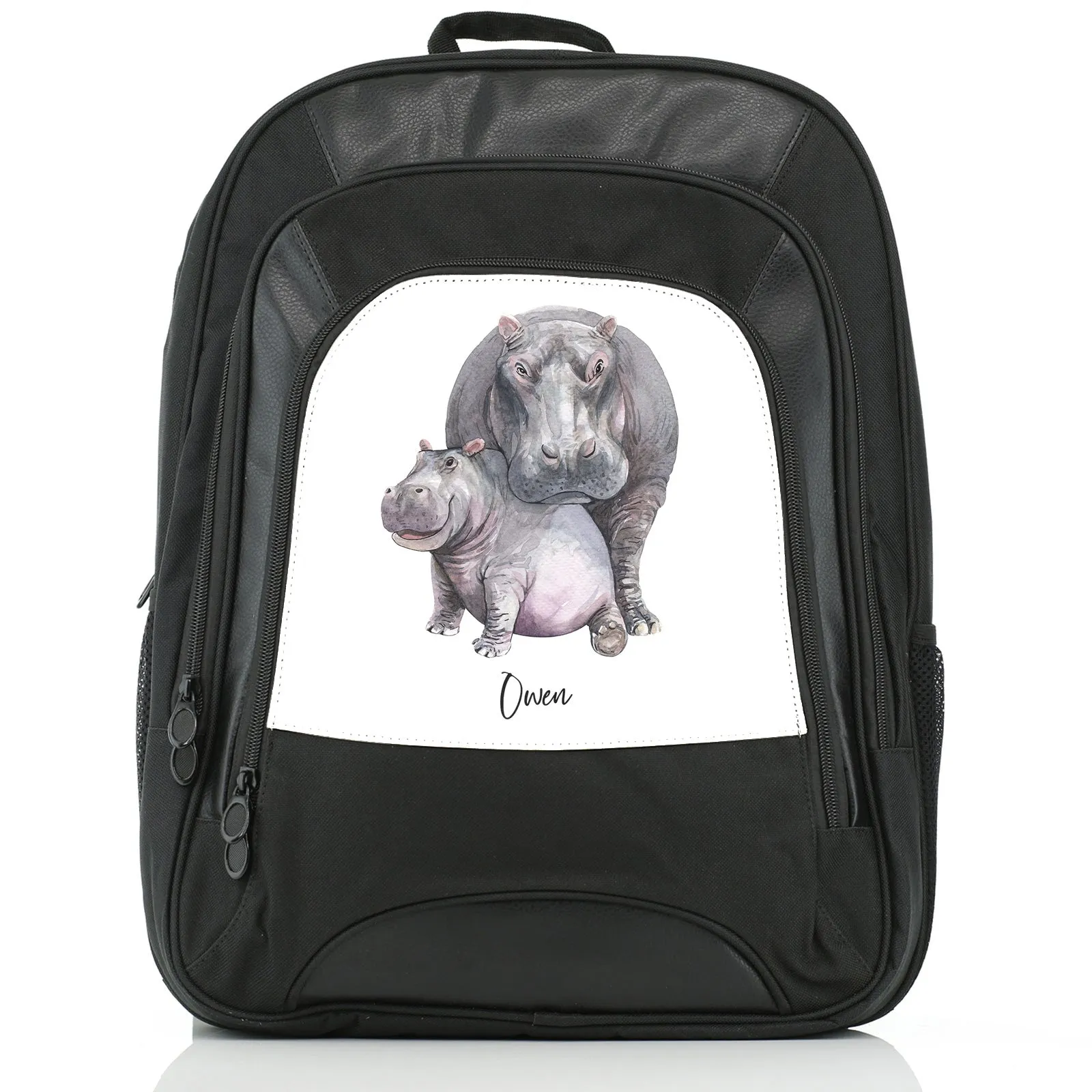Personalised Rucksack with Welcoming Text and Embracing Mum and Baby Hippos